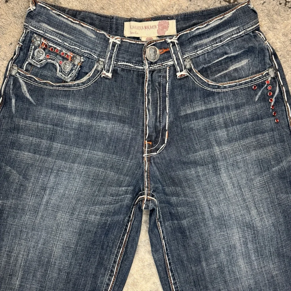 Y2K Laguna Beach Shorts 32 Fleur De Lis Embroidered Denim 2000s Rare